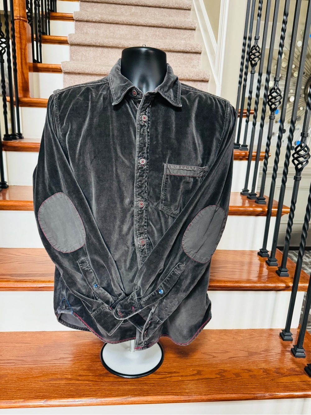 Men's Dark Gray Corduroy Button-Front Shirt Jacket with Elbow Patches